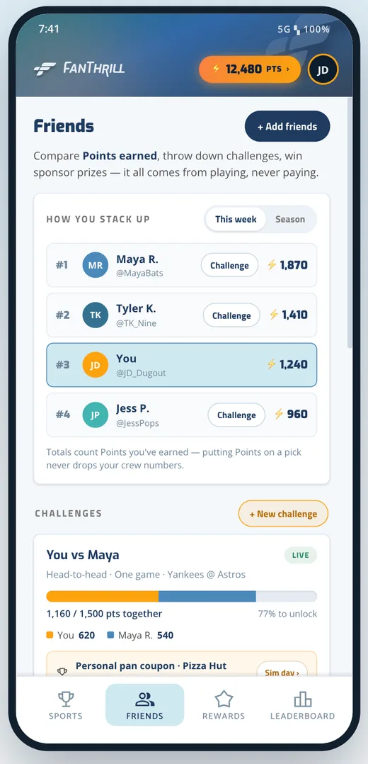 Friends screen — crew standings and a head-to-head challenge