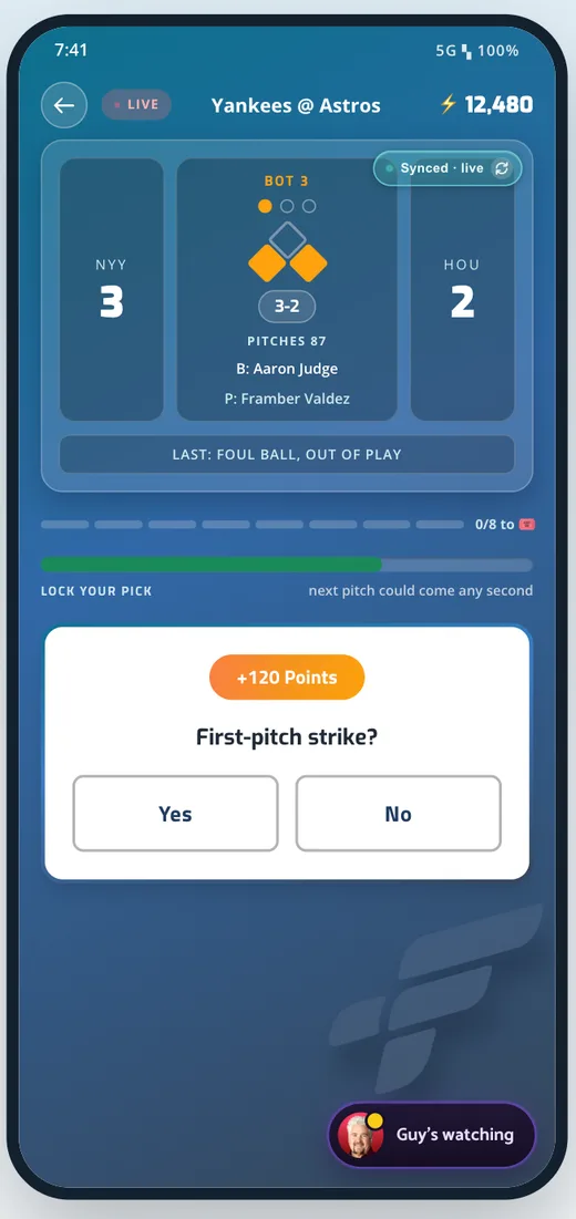 Lightning Arena screen — a live next-play prediction timed to your broadcast